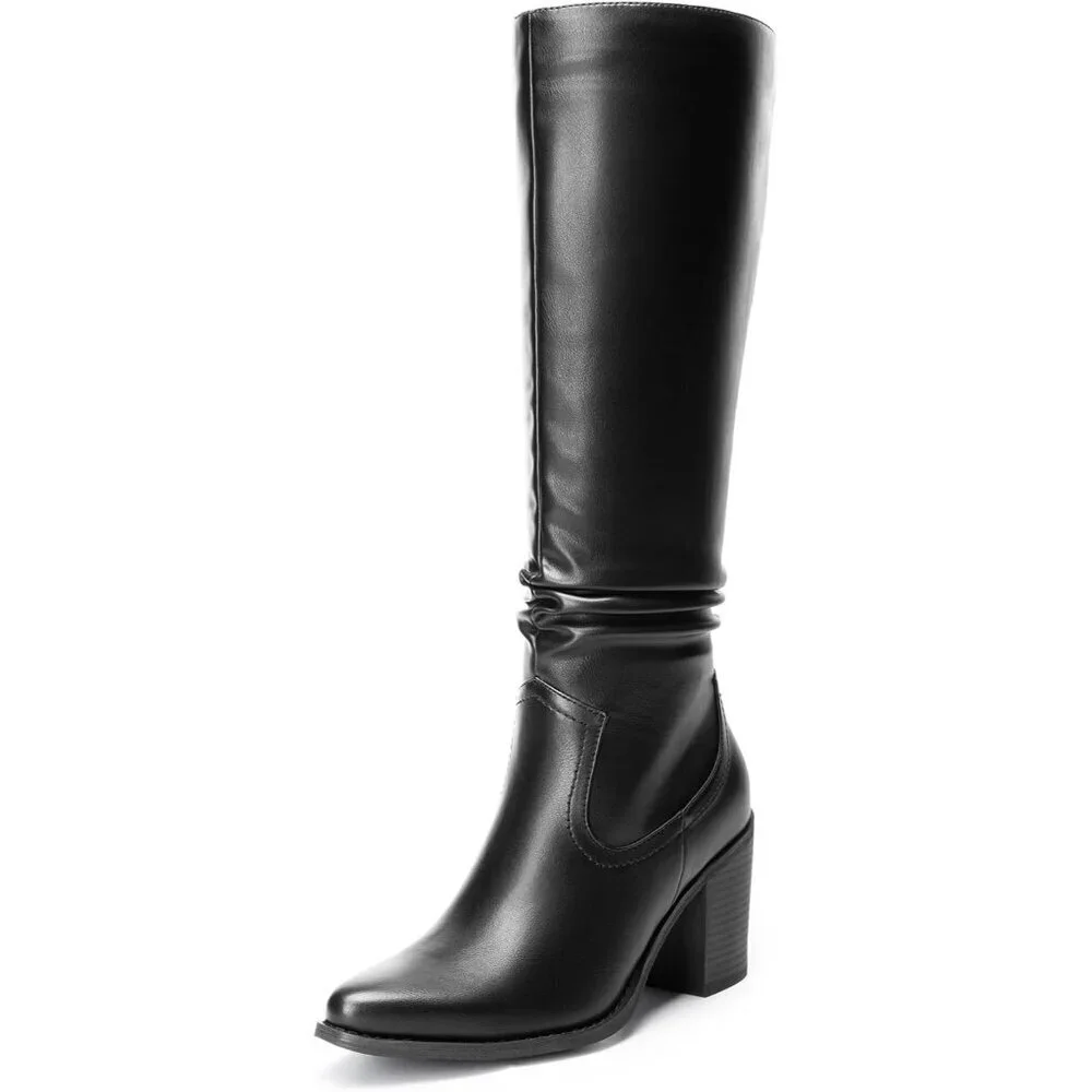 Women's Faux Leather Knee-High Boots Suede Block Heel Side Zipper Size 7